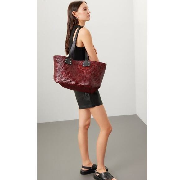 ALLSAINTS Handbags - ALLSAINTS Women's Red Straw No Closure Open Zipper Pockets Mosley Straw Tote Bag